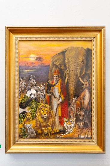 African Wildlife Painting with Saint Bishop Comboni by Diana Harvey