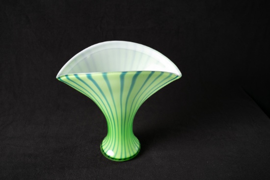 Fan Shaped Green Vase with Blue Stripes