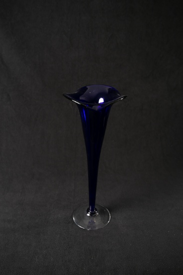Blue Glass Flower Blossom Top Vase with Clear Base