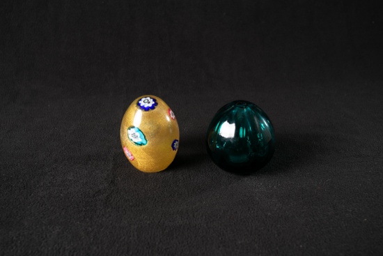 Golden Murano Style Egg with Floral Design with Blue Hollow Glass Figurine
