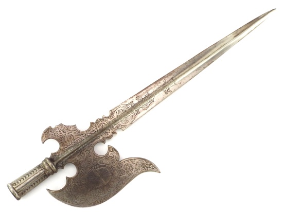 Nice Victorian Era Silvered Iron Halberd Polearm Head Of 16th-17th C. Style, Engraved With Crests Cr