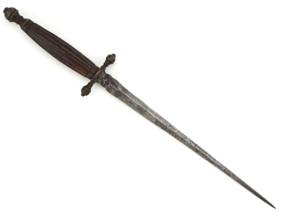 Good Early 16th-17th C, Italian Stiletto Dagger With Original Fine Carved Wood Grip, Strong Iron Cro