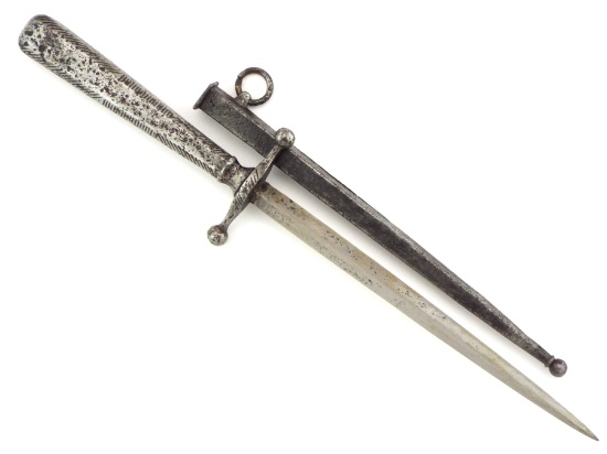 Scarce 16th-17th C. Italian Stiletto Dagger With Engraved Steel Hilt And Rare Original Iron Scabbard