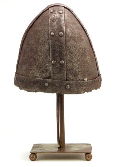 Very Rare 11th-12th C. Crusaders Era European Conical Helmet Comprised Of Strong Iron Plates Riveted