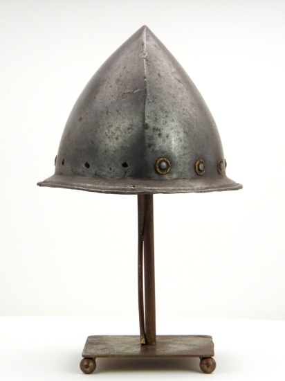 Spanish Conquistadors Or Italian 17th C. Cabasset Morion Helmet With Brass Flowerhead Rivet Decorati