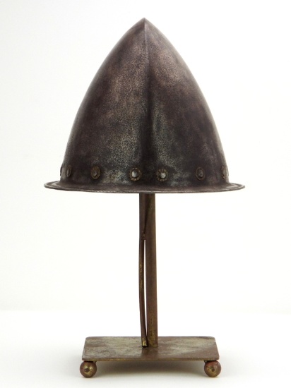 Very Good 17th C. Spanish Conquistador Or Italian Cabasset Morion Helmet With Brass Flowerhead Rivet