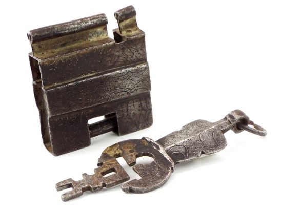 Interesting European Medieval To Renaissance Era Steel Lock With Intricate Engraved Decorations