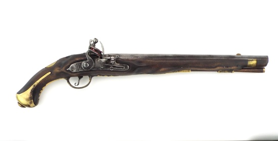 Large 18th-19th C. Military Flintlock Pistol With Royal Cipher Plaque, Engraved Maker Lock And Vario