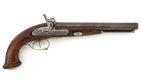 Nice 19th C. Spanish Or French Double-barrel Percussion Pistol With Damascus Steel Barrels, Engraved