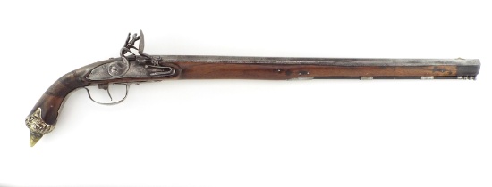Exceptionally Long 18th-19th C. Middle Eastern Flintlock Pistol With Skull Crasher But And Personali