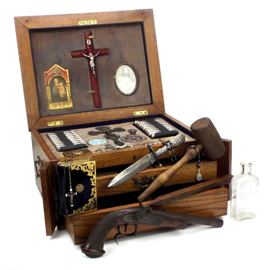 Fantastic Quality 19th C. Vampire Slayer Kit In 4-level Custom Box With Multiple Crucifixes, Pair Of