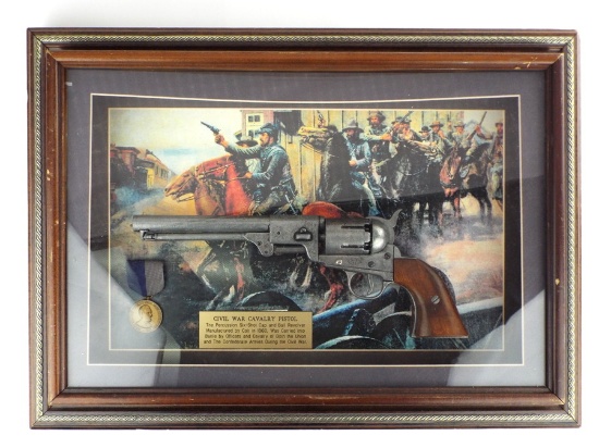 Very Nice Gun Display Of American Civil War Colt Pistol Revolver. Full Length Of Box 21.5 X 15.5 Inc