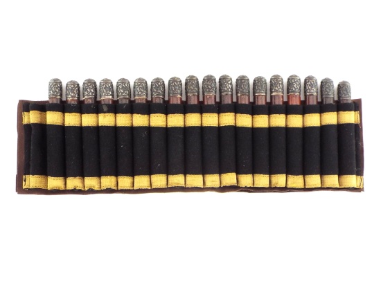 Set Of 18 Imperial Russian Caucasian Warriors Gaziri Powder Cartridges With Niello Silver Tops.