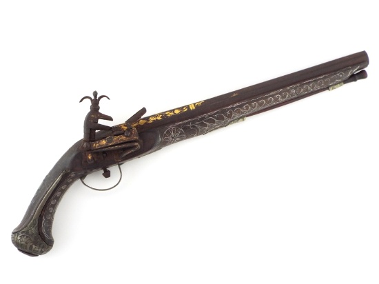 Fine Quality 18th-19th C. Greek or Russian Circassian Miquelet Pistol  with Silver Wire