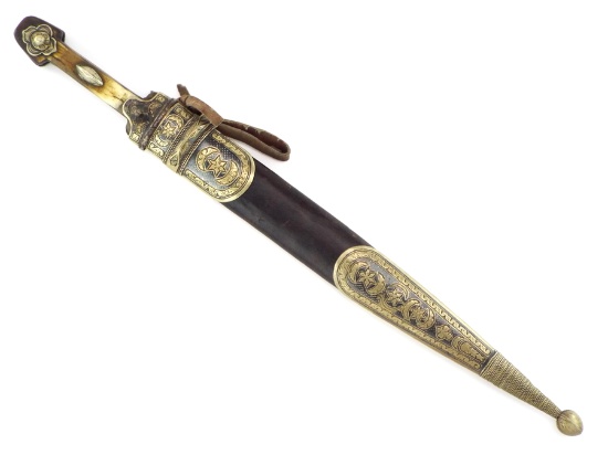 Interesting 19th C. Russian Caucasian Warriors Kinjal Dagger In Gilt Niello Silver Mounts, Blade Inl