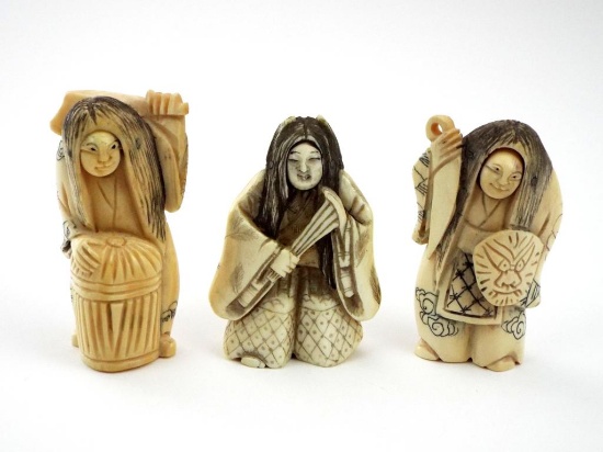 3 Antique Very Fine Hand Carved Japanese Netsuke