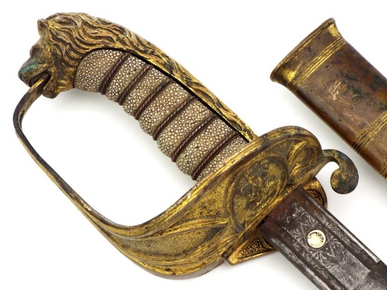 British 19th C. To Wwi I Id'd Naval Officers Lion Head Sword By Fraser & Davis