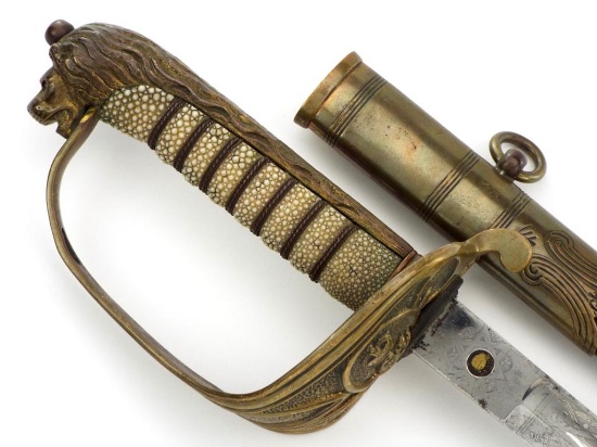 British 19th C. To Wwi I Id'd Naval Officers Lion Head Sword