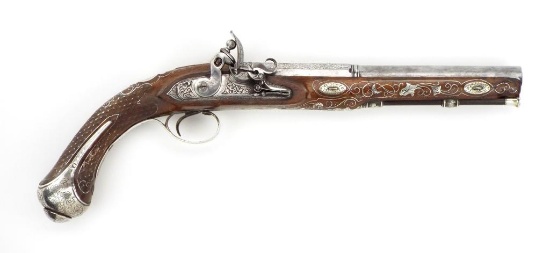 Super Fine Quality British Silver Mounted Flintlock Damascus Pistol