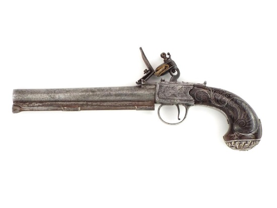 British 18th C. Silver Mounted Flintlock Pistol By Perry London