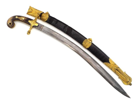 Extraordinary Napoleonic French Officers Yataghan Sword With Finest Ribbon Damascus Blade In Its Gil