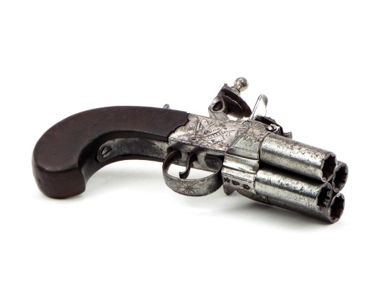 Rare British Flintlock Four-barrelled Box-lock Tap-action Pistol By Hill London