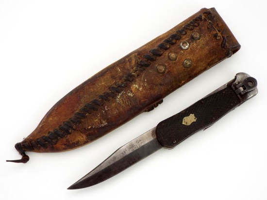 Rare American Civil War Era Folding Bowie Knife In Leather Sheath