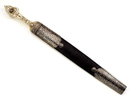 Rare And Fine Russian Caucasian Kindjal Dagger In Niello Silver Mounts