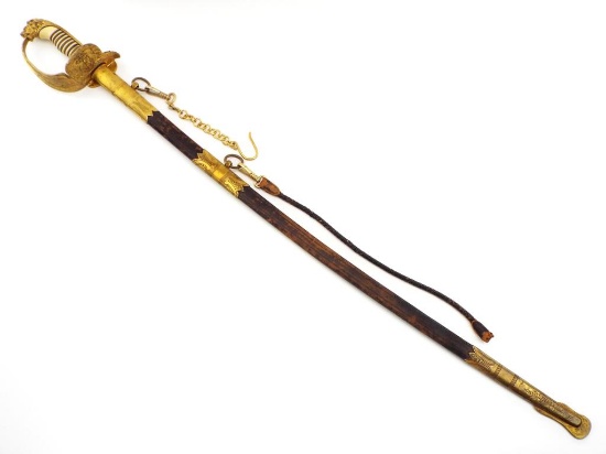 German Imperial To Wwii Naval Sword With Plain Blade Complete With Its Brass Mounted Leather Scabbar