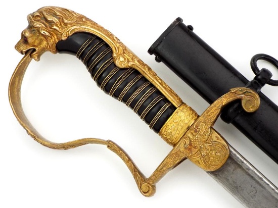 German Wwii Damascus Officers Lion Head Sword