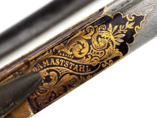 Eagle Head Imperial German Damascus Sword With Blue/gold Panels