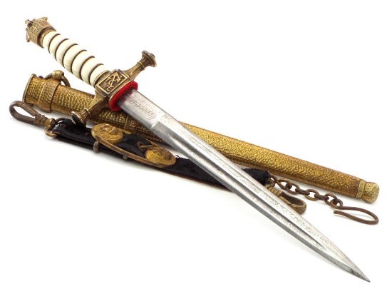 Fine Imperial German Ided Naval Officers Dagger Open Crown Pommel & Hammered Scabbard