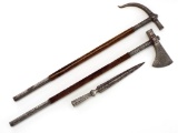 Rare Indo Persian Mughal Islamic Engraved Silver Set Spear Head, Battle Axe And Warhammer