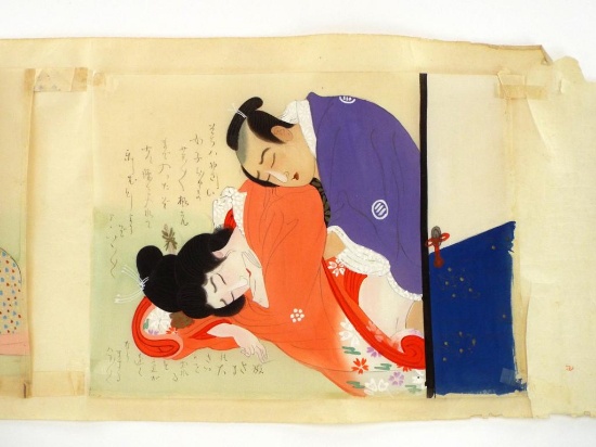 Japanese Hand Coloured Japanese Shunga Scroll Depicting Intimate Scenes