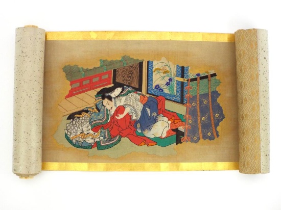 Japanese Hand Coloured Japanese Shunga Scroll Depicting Intimate Scenes