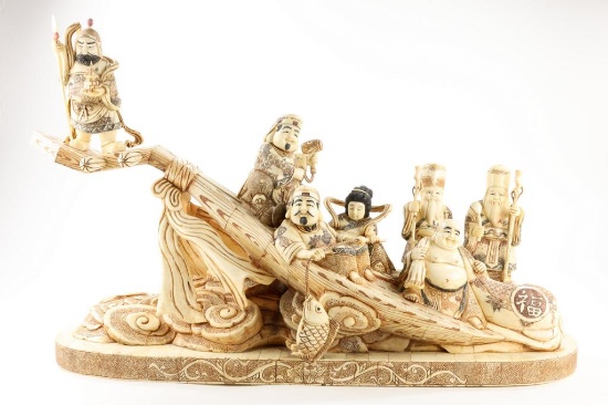 HUGE Antique Japanese Fine Hand Carving of Seven Lucky Gods