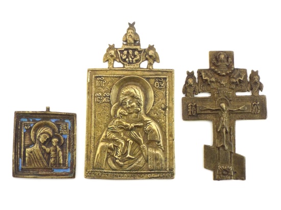 Trio of Russian 18th-19th C. CAST BRONZE ICONS Blue Enamel & Gilded Relief
