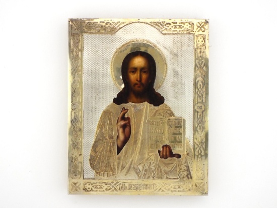 Imperial Russian 1878 Icon SILVERSMITH I.S.E. Parcel Gilt Christ Almighty Cover