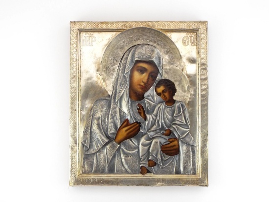 Russian Imperial 1899-1908 Gerbovetskaya Mother of God Icon Maker AIS & Silver Relief