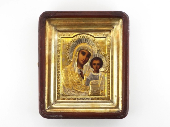 Russian 19th C. Icon Mother of God Kazanskaya MASTER MARK AA 84 Silver Cover