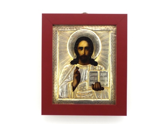 Imperial Russian 1908-1917 Christ Almighty Icon MAKER E.U Silver Gilt Cover
