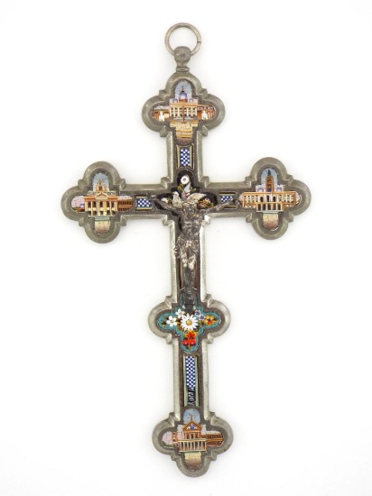 Italian Late 1800s MICRO MOSAIC Crucifix with ROME VIEWS
