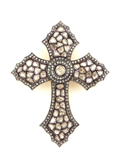 Anglo Indian 19th C. POLKI DIAMOND Gold Cross Pendant Brooch