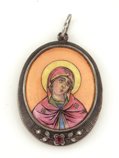 Imperial Russian HAND PAINTED ENAMEL Icon Pendant 84 Silver Ruby Frame