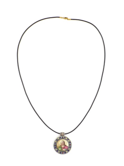 Russian Late 19th C. CLOISONNE ENAMEL ICON PENDANT Rubies & Gold Knot