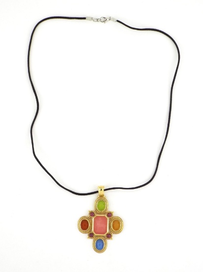 Italian GOLD PENDANT CROSS Glass Intaglios & Rubies
