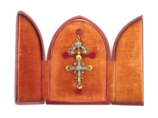 European 18th C. Cross GOLD FILIGREE Foil Backed Topaz & Case