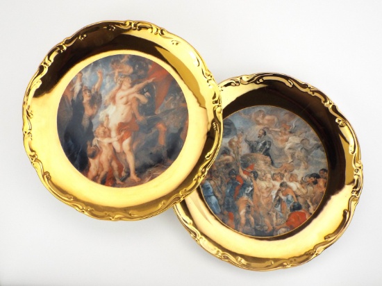 Pair of German Mid Century Porcelain Plates Gold RUBENS Scenes By JWK BAVARIA