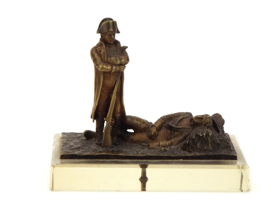 French 19th C. BRONZE STATUETTE Napoleon & Sleeping Sentry & Beveled Glass Base