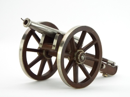 American Mid 20th C. Miniature Cannon PARKEMY INC. Plated Barrel & Hardwood Carriage